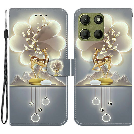 For Motorola Moto G15 4G Case Pattern Printing Anti Drop Leather Flip Wallet Phone Cover with Lanyard - Sika Deer