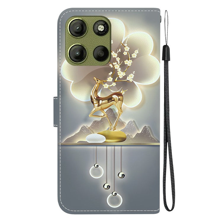 For Motorola Moto G15 4G Case Pattern Printing Anti Drop Leather Flip Wallet Phone Cover with Lanyard - Sika Deer