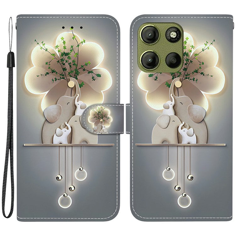 For Motorola Moto G15 4G Case Pattern Printing Anti Drop Leather Flip Wallet Phone Cover with Lanyard - Three Elephants
