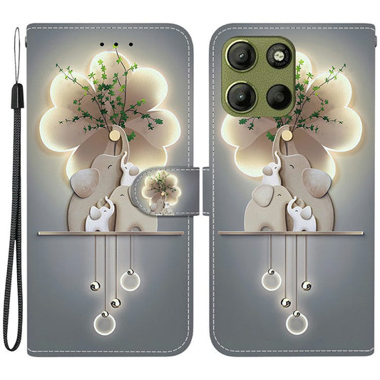 For Motorola Moto G15 4G Case Pattern Printing Anti Drop Leather Flip Wallet Phone Cover with Lanyard - Three Elephants