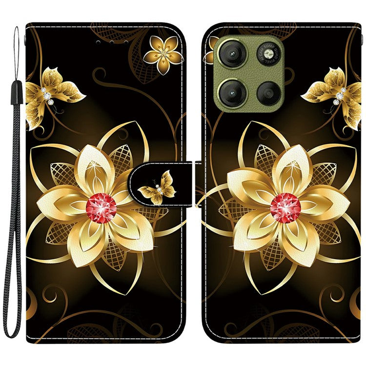 For Motorola Moto G15 4G Case Pattern Printing Anti Drop Leather Flip Wallet Phone Cover with Lanyard - Golden Flower