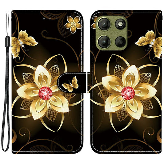 For Motorola Moto G15 4G Case Pattern Printing Anti Drop Leather Flip Wallet Phone Cover with Lanyard - Golden Flower