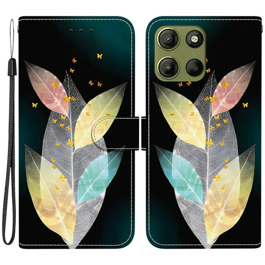 For Motorola Moto G15 4G Case Pattern Printing Anti Drop Leather Flip Wallet Phone Cover with Lanyard - Colored Leaves