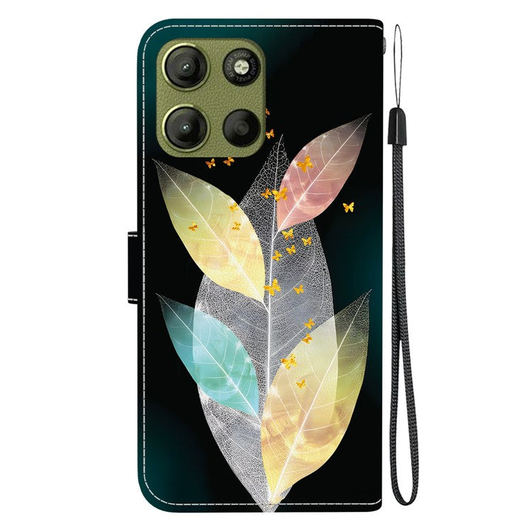 For Motorola Moto G15 4G Case Pattern Printing Anti Drop Leather Flip Wallet Phone Cover with Lanyard - Colored Leaves