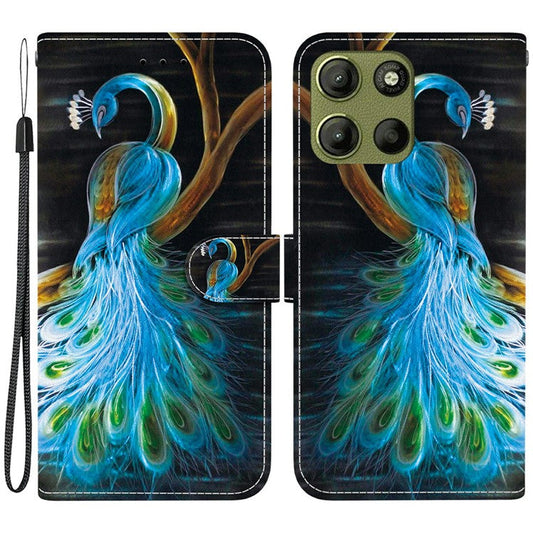 For Motorola Moto G15 4G Case Pattern Printing Anti Drop Leather Flip Wallet Phone Cover with Lanyard - Peacock