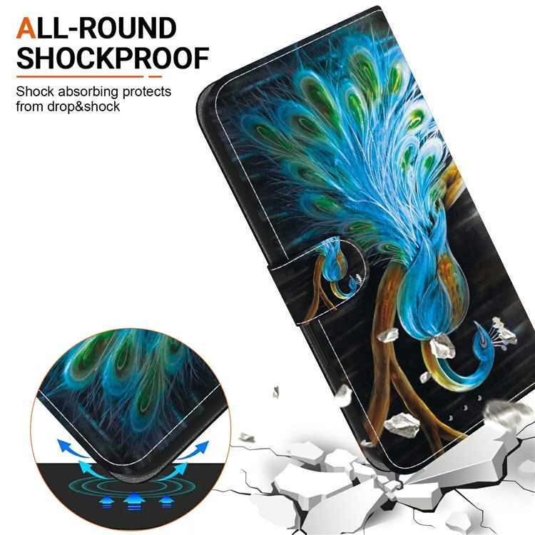 For Motorola Moto G15 4G Case Pattern Printing Anti Drop Leather Flip Wallet Phone Cover with Lanyard - Peacock