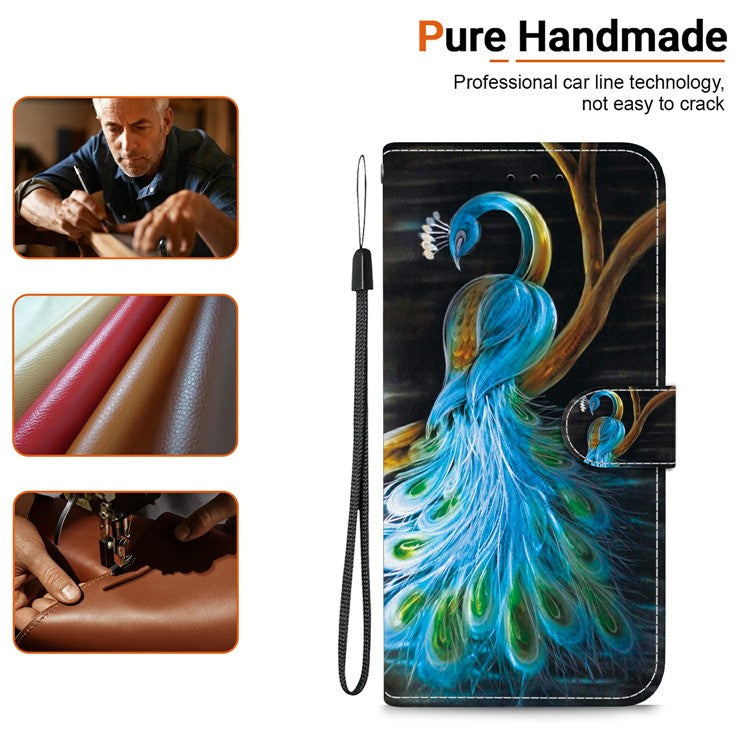 For Motorola Moto G15 4G Case Pattern Printing Anti Drop Leather Flip Wallet Phone Cover with Lanyard - Peacock