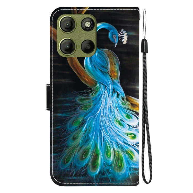 For Motorola Moto G15 4G Case Pattern Printing Anti Drop Leather Flip Wallet Phone Cover with Lanyard - Peacock
