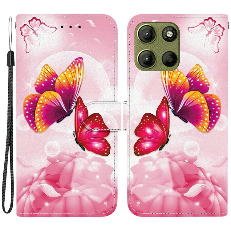 For Motorola Moto G15 4G Case Pattern Printing Anti Drop Leather Flip Wallet Phone Cover with Lanyard - Pink Butterfly