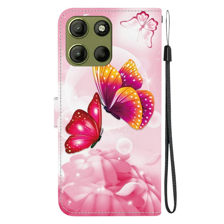 For Motorola Moto G15 4G Case Pattern Printing Anti Drop Leather Flip Wallet Phone Cover with Lanyard - Pink Butterfly