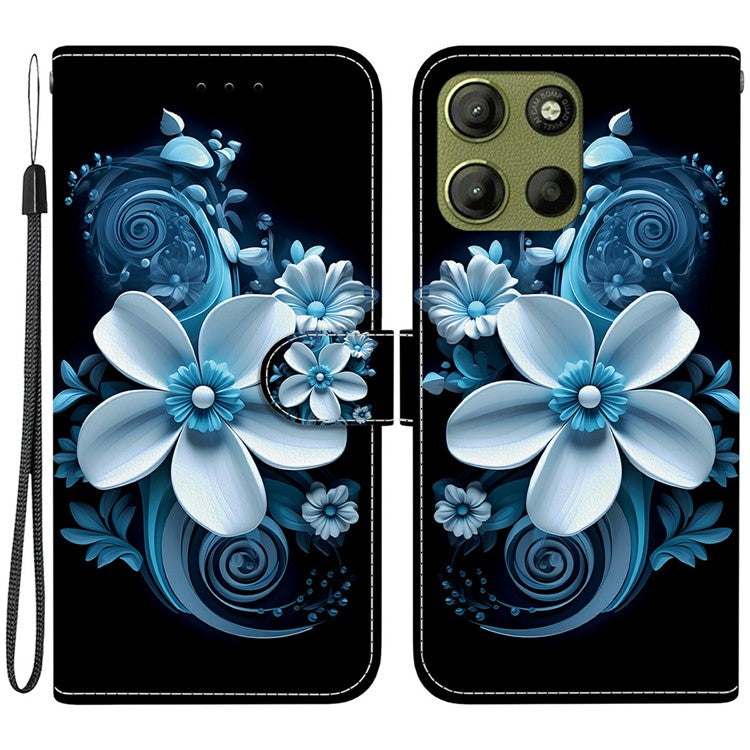 For Motorola Moto G15 4G Case Pattern Printing Anti Drop Leather Flip Wallet Phone Cover with Lanyard - Black Orchid