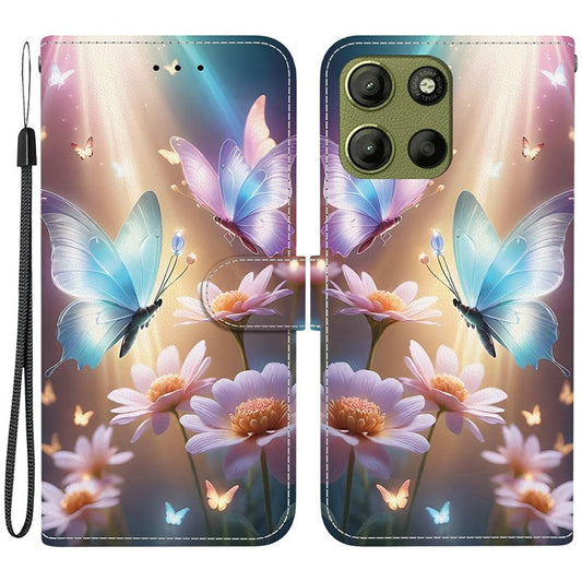 For Motorola Moto G15 4G Case Pattern Printing Anti Drop Leather Flip Wallet Phone Cover with Lanyard - Butterfly Floral