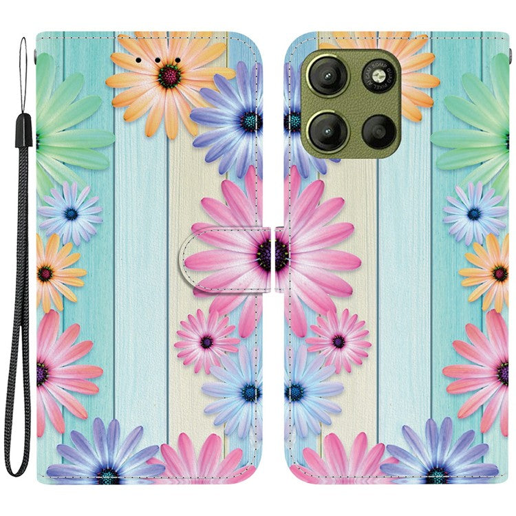 For Motorola Moto G15 4G Case Pattern Printing Anti Drop Leather Flip Wallet Phone Cover with Lanyard - Sunflower