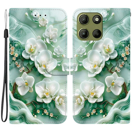 For Motorola Moto G15 4G Case Pattern Printing Anti Drop Leather Flip Wallet Phone Cover with Lanyard - Jade Flower