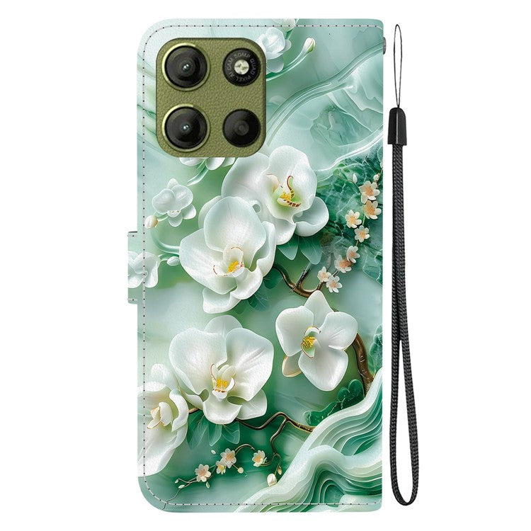 For Motorola Moto G15 4G Case Pattern Printing Anti Drop Leather Flip Wallet Phone Cover with Lanyard - Jade Flower