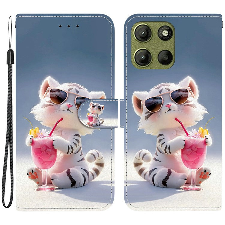 For Motorola Moto G15 4G Case Pattern Printing Anti Drop Leather Flip Wallet Phone Cover with Lanyard - Cartoon Tiger