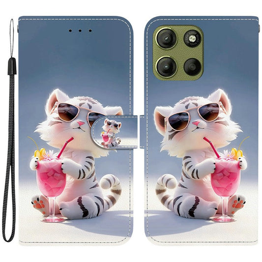 For Motorola Moto G15 4G Case Pattern Printing Anti Drop Leather Flip Wallet Phone Cover with Lanyard - Cartoon Tiger