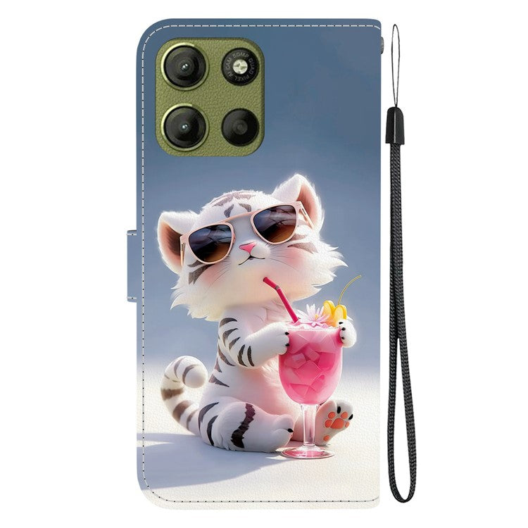 For Motorola Moto G15 4G Case Pattern Printing Anti Drop Leather Flip Wallet Phone Cover with Lanyard - Cartoon Tiger