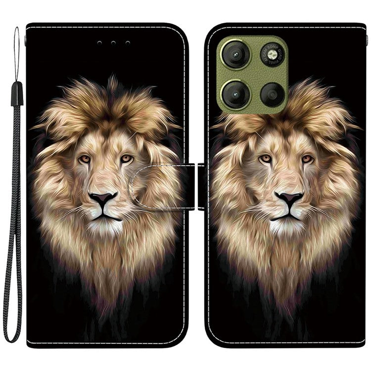 For Motorola Moto G15 4G Case Pattern Printing Anti Drop Leather Flip Wallet Phone Cover with Lanyard - Lion Head