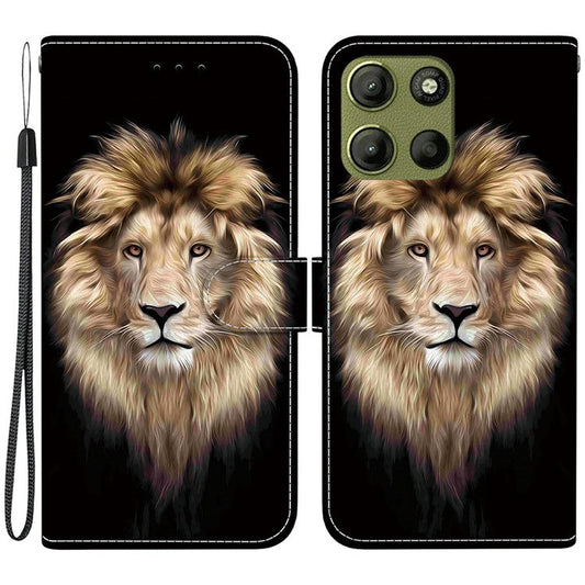 For Motorola Moto G15 4G Case Pattern Printing Anti Drop Leather Flip Wallet Phone Cover with Lanyard - Lion Head