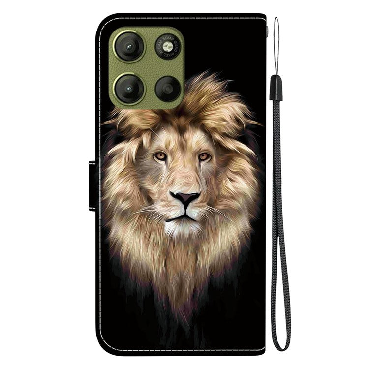 For Motorola Moto G15 4G Case Pattern Printing Anti Drop Leather Flip Wallet Phone Cover with Lanyard - Lion Head
