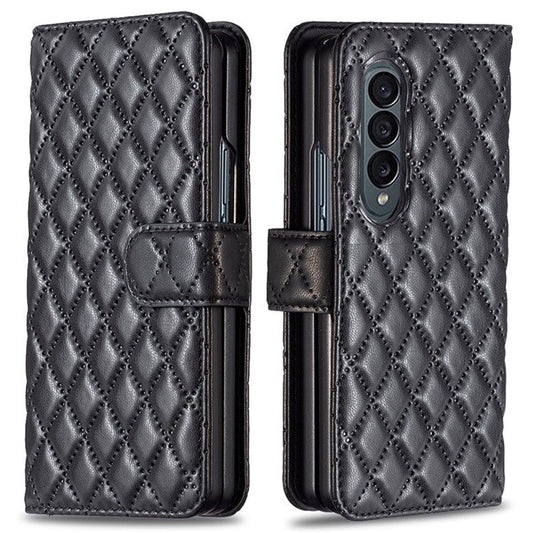 BINFEN COLOR for Samsung Galaxy Z Fold3 5G PU Leather Magnetic Wallet Flip Case Imprinted Rhombus Pattern Stand Protective Phone Cover - Black