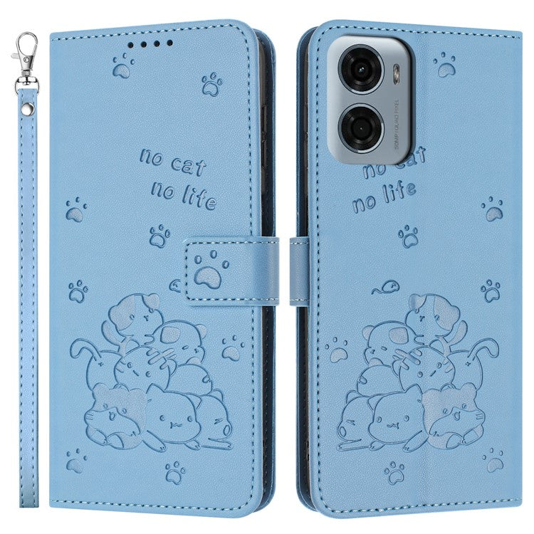 For Motorola Moto G05 4G Case with Strap Cats Imprint Leather Wallet Phone Cover - Blue