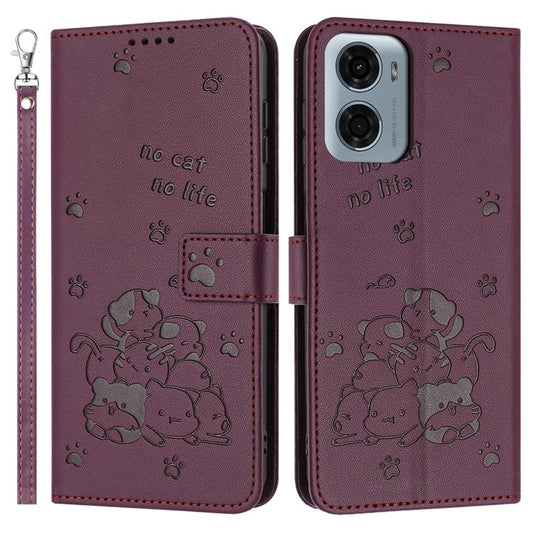 For Motorola Moto G05 4G Case with Strap Cats Imprint Leather Wallet Phone Cover - Wine Red