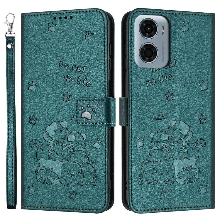 For Motorola Moto G05 4G Case with Strap Cats Imprint Leather Wallet Phone Cover - Blackish Green