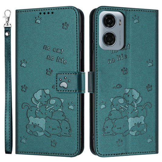 For Motorola Moto G05 4G Case with Strap Cats Imprint Leather Wallet Phone Cover - Blackish Green