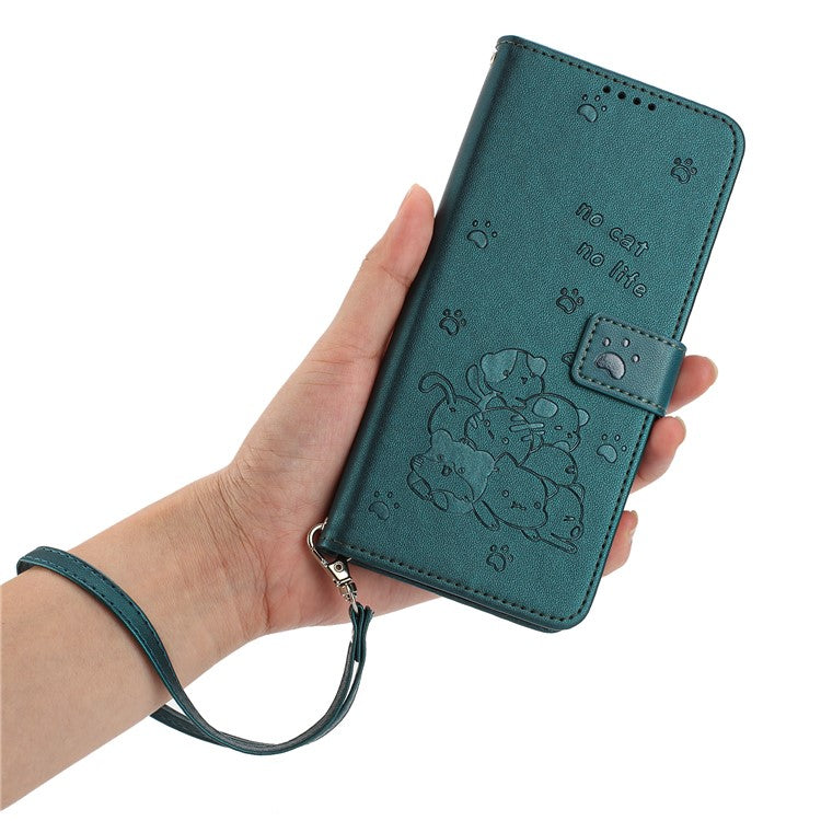 For Motorola Moto G05 4G Case with Strap Cats Imprint Leather Wallet Phone Cover - Blackish Green