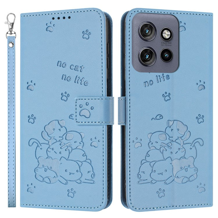 For Motorola Moto G15 4G Case with Strap Cats Imprint Leather Wallet Phone Cover - Blue