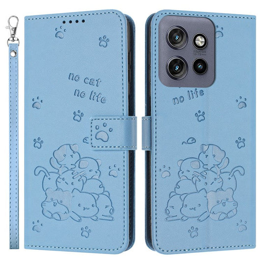 For Motorola Moto G15 4G Case with Strap Cats Imprint Leather Wallet Phone Cover - Blue