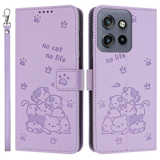 For Motorola Moto G15 4G Case with Strap Cats Imprint Leather Wallet Phone Cover - Purple