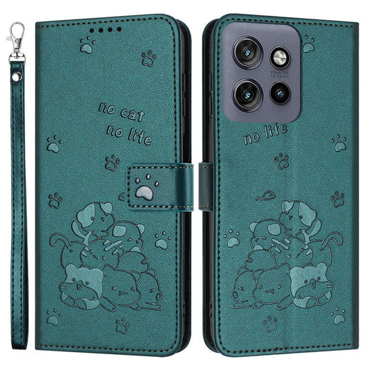 For Motorola Moto G15 4G Case with Strap Cats Imprint Leather Wallet Phone Cover - Blackish Green