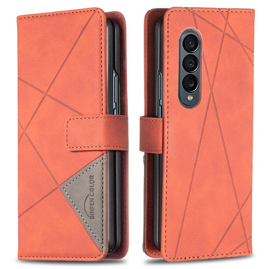 BINFEN COLOR For Samsung Galaxy Z Fold3 5G Imprinted Geometric Pattern PU Leather Cover Magnetic Closure Stand Full Protection Flip Wallet Phone Case - Brown