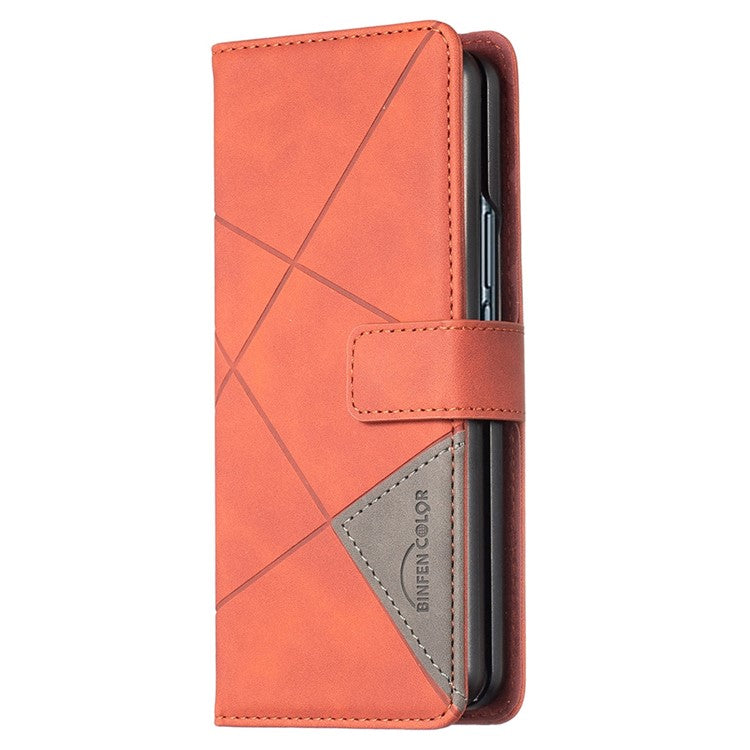 BINFEN COLOR For Samsung Galaxy Z Fold3 5G Imprinted Geometric Pattern PU Leather Cover Magnetic Closure Stand Full Protection Flip Wallet Phone Case - Brown