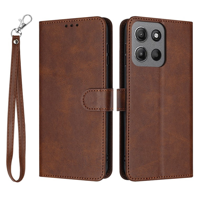 For Motorola Moto G15 4G Case Flip Stand PU Leather Wallet Phone Cover Calf Texture - Brown
