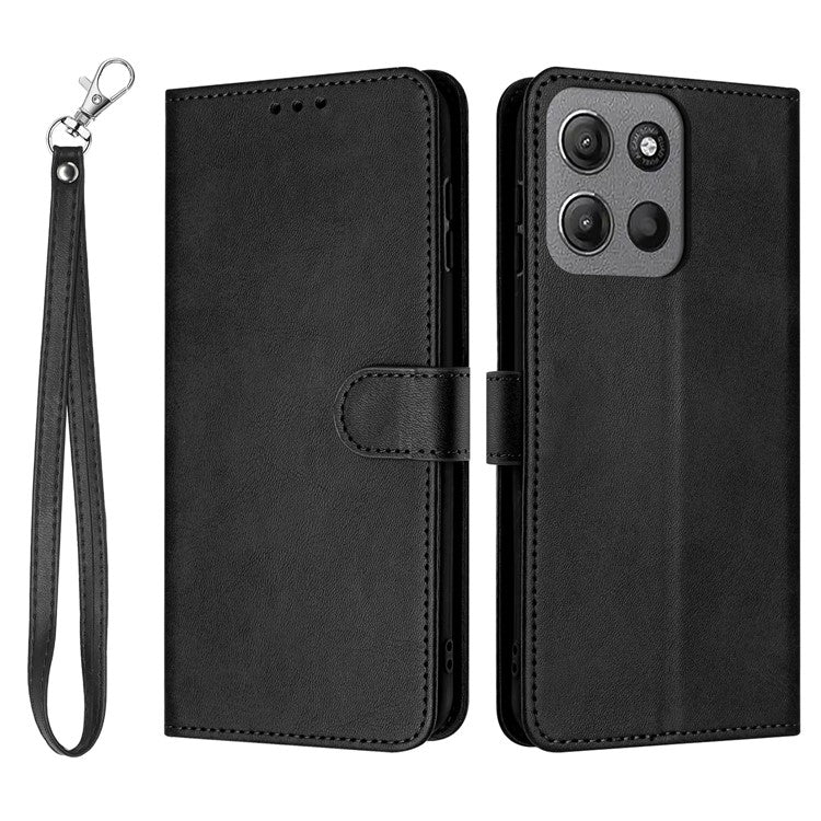 For Motorola Moto G15 4G Case Flip Stand PU Leather Wallet Phone Cover Calf Texture - Black