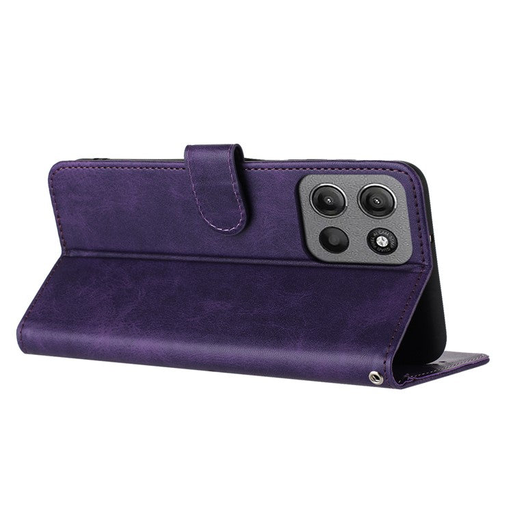 For Motorola Moto G15 4G Case Flip Stand PU Leather Wallet Phone Cover Calf Texture - Purple