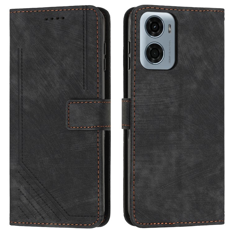For Motorola Moto G05 4G Case Imprinted Lines Leather Phone Cover Folding Stand - Black