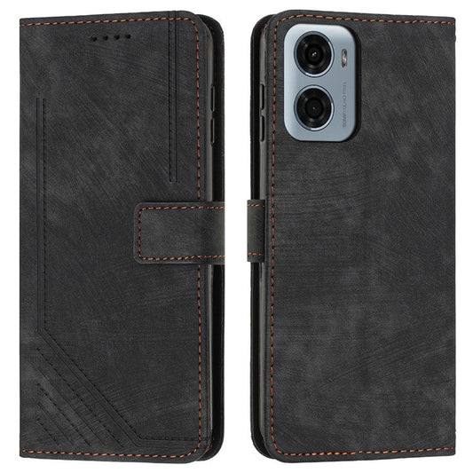 For Motorola Moto G05 4G Case Imprinted Lines Leather Phone Cover Folding Stand - Black