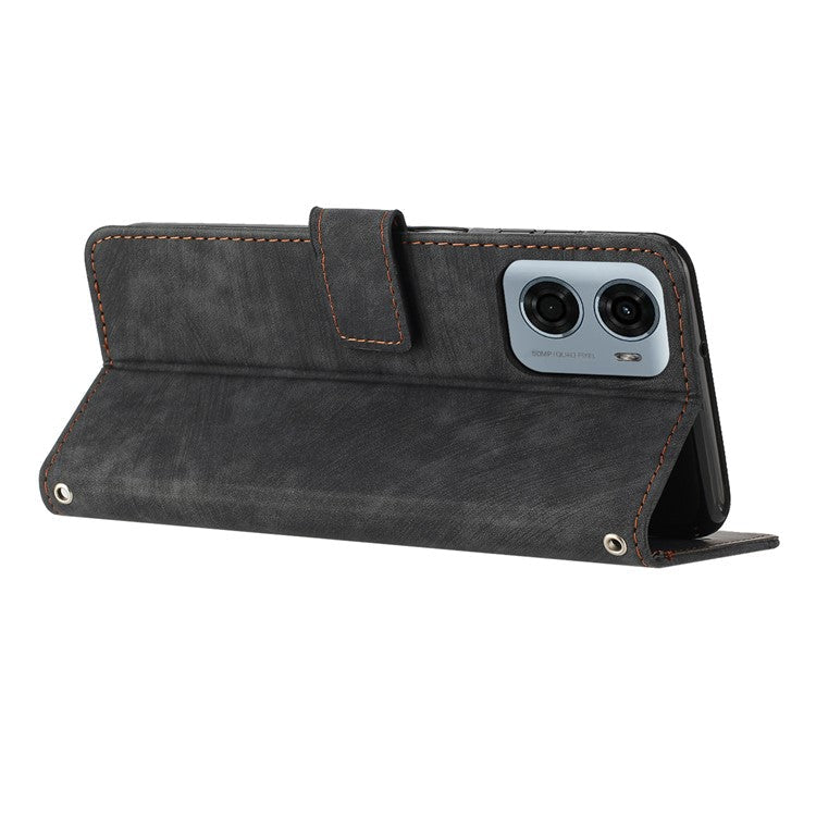 For Motorola Moto G05 4G Case Imprinted Lines Leather Phone Cover Folding Stand - Black