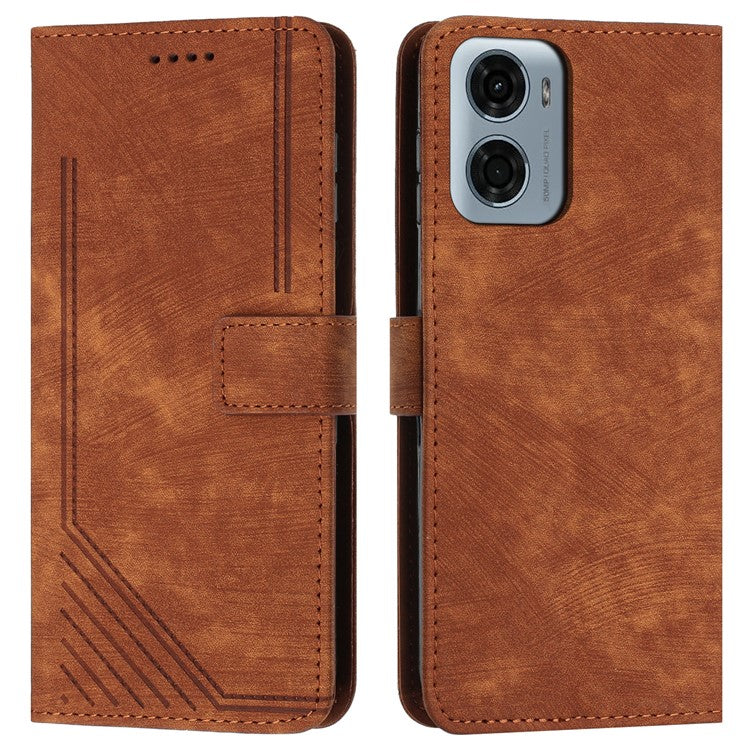 For Motorola Moto G05 4G Case Imprinted Lines Leather Phone Cover Folding Stand - Brown