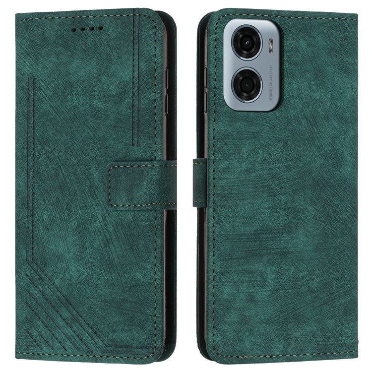 For Motorola Moto G05 4G Case Imprinted Lines Leather Phone Cover Folding Stand - Green
