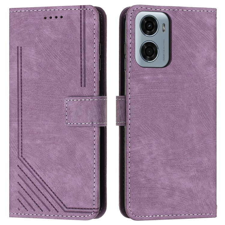 For Motorola Moto G05 4G Case Imprinted Lines Leather Phone Cover Folding Stand - Purple
