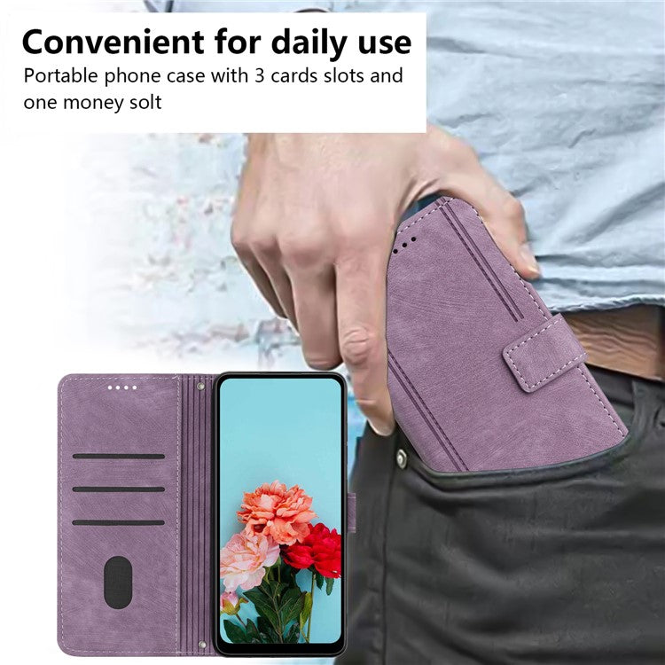 For Motorola Moto G05 4G Case Imprinted Lines Leather Phone Cover Folding Stand - Purple