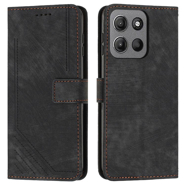 For Motorola Moto G15 4G Case Imprinted Lines Leather Phone Cover Folding Stand - Black