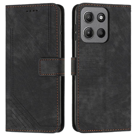 For Motorola Moto G15 4G Case Imprinted Lines Leather Phone Cover Folding Stand - Black