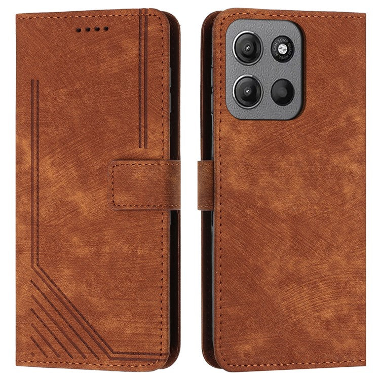 For Motorola Moto G15 4G Case Imprinted Lines Leather Phone Cover Folding Stand - Brown